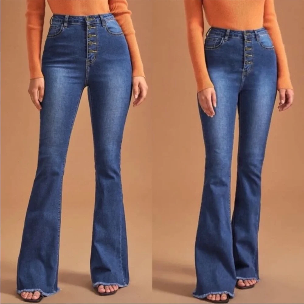 High Waisted Button Fitted Bell Bottom DARK BLUE